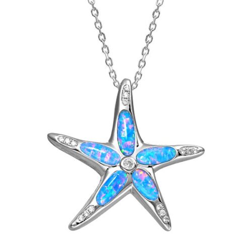 Elegant starfish pendant necklace with blue opal inlay.