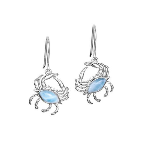Silver crab-shaped earrings with blue stones.