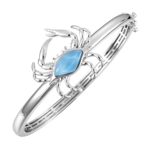 Silver crab bracelet with a blue gemstone centerpiece.