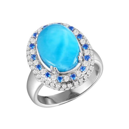 Elegant silver ring with a large turquoise stone and small surrounding blue and white gems.