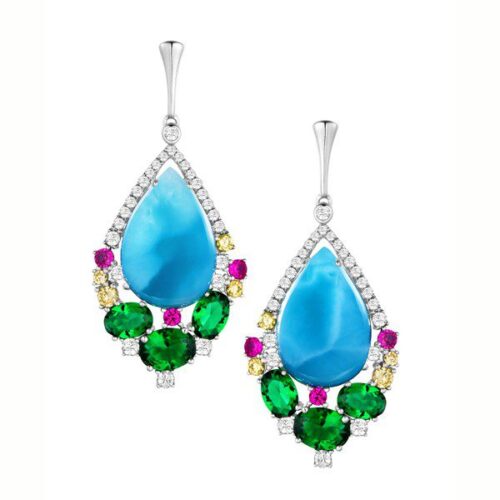 Elegant silver earrings with blue teardrop stones and colorful gems.
