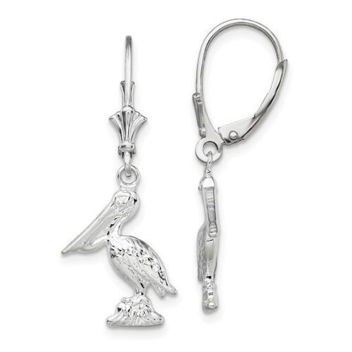 Silver pelican-shaped dangle earrings with intricate detailing.