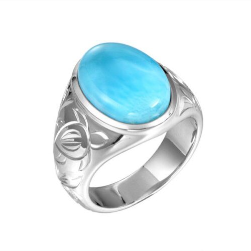 Silver ring with a polished blue stone centerpiece.