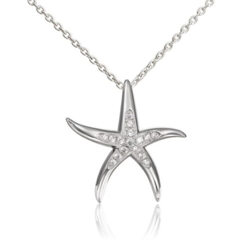 Elegant silver starfish pendant necklace with embedded crystals.