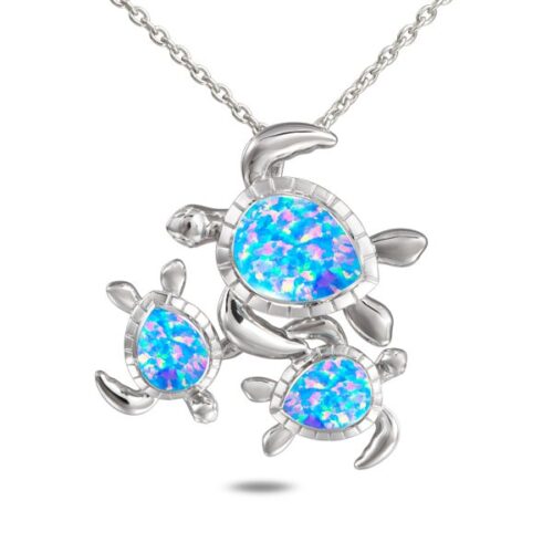 Silver turtle pendant necklace with vibrant blue opal stones.