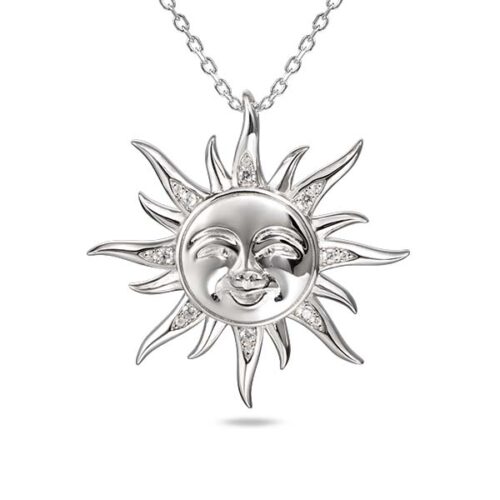 Silver sun pendant with a detailed face on a chain necklace.