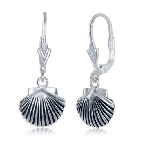 Elegant silver shell-shaped dangle earrings with lever-back hooks.