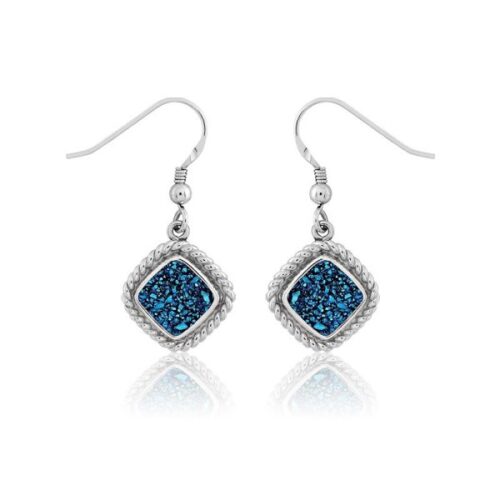 Elegant silver earrings with blue glittering stones.
