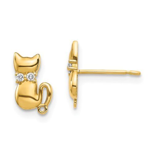 Gold cat-shaped stud earrings with small gemstone eyes.