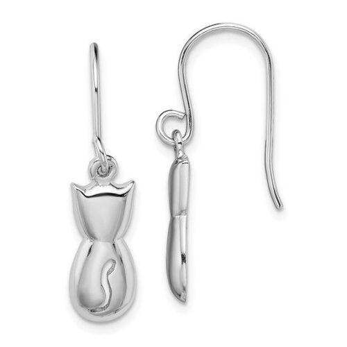 Elegant silver earrings shaped like stylized cats with hooks.