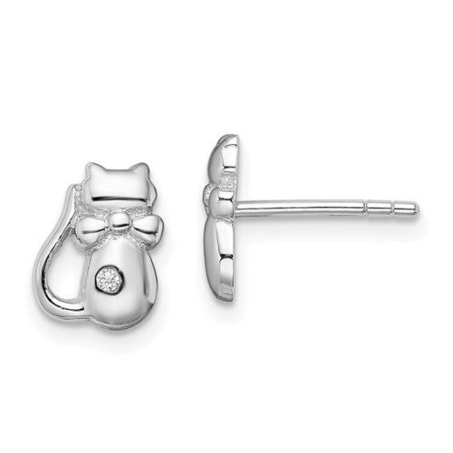 Silver cat-shaped stud earrings with a small gem detail.