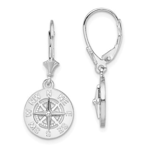 Silver compass-themed dangle earrings with lever-back clasps.
