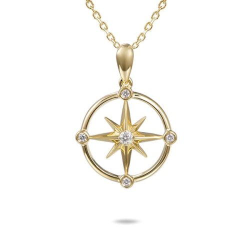 Elegant gold compass pendant necklace with diamond accents.