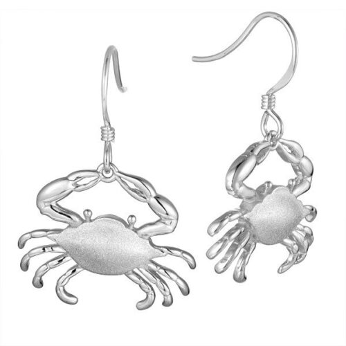 Silver crab-shaped earrings with hook clasps.