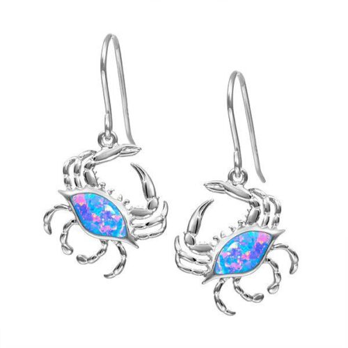 Silver crab-shaped earrings with blue opal stones.