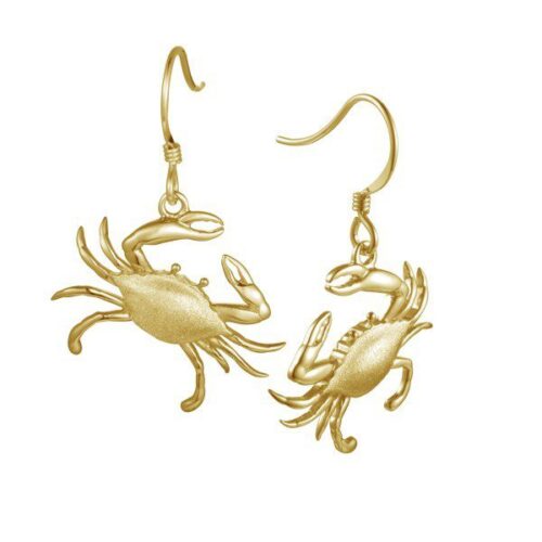 Gold crab-shaped dangling earrings with hooks.