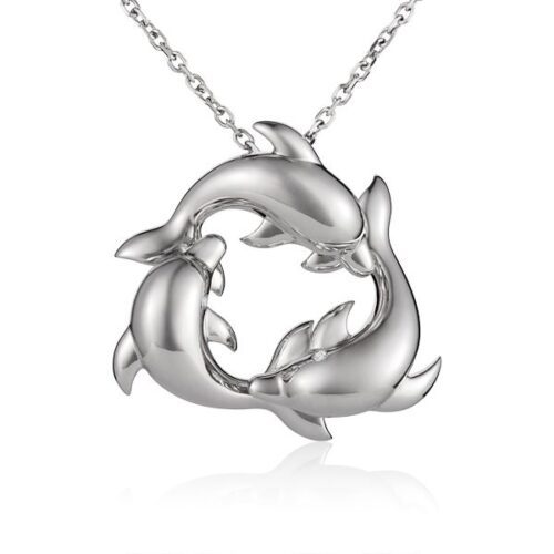 Silver pendant featuring three dolphins forming a circular design.
