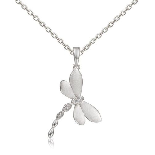 Elegant silver dragonfly pendant necklace with a delicate chain.