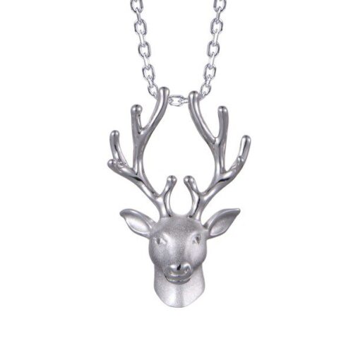 Silver necklace pendant shaped like a deer's head with antlers.