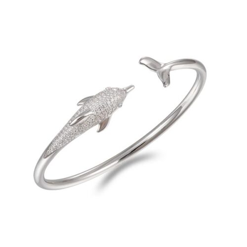 Elegant silver dolphin bracelet with an open cuff design.