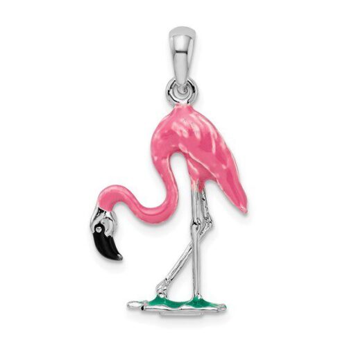 Pink flamingo charm with silver detailing and a clasp.