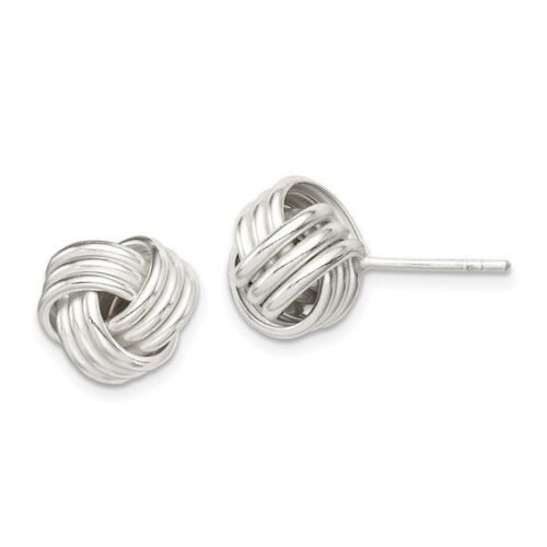 Elegant silver knot stud earrings with a polished finish.