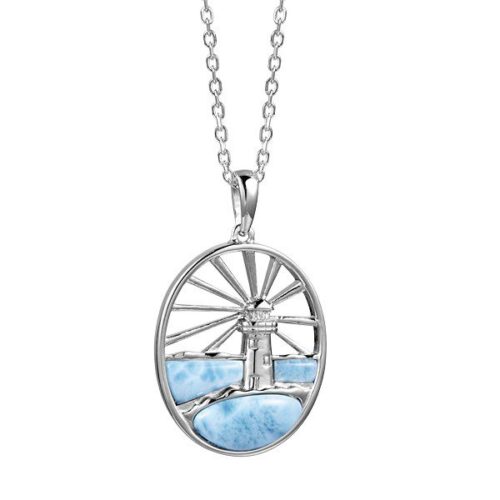 Silver pendant necklace with a windmill and blue landscape design.