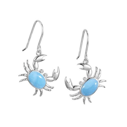 Silver crab-shaped earrings with blue stones.