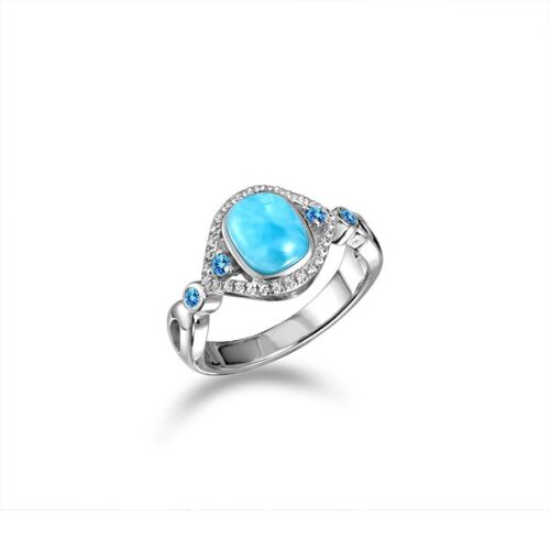 Elegant silver ring with a blue gemstone and smaller accent stones.