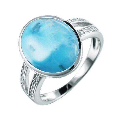 Elegant silver ring with a large blue gemstone and small diamonds on the band.