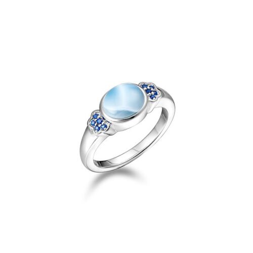 Elegant silver ring with a blue gemstone and small decorative stones.