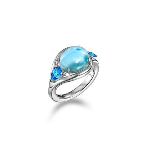 Elegant silver ring with a large blue gemstone and smaller blue accents.