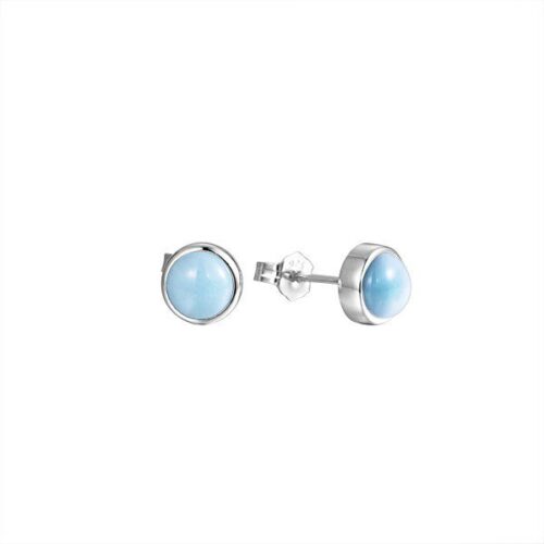 Pair of round blue gemstone stud earrings with silver backing.