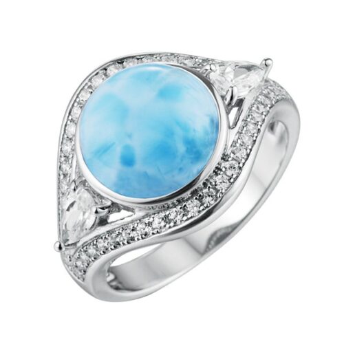 Elegant silver ring with a large blue gemstone and diamond accents.
