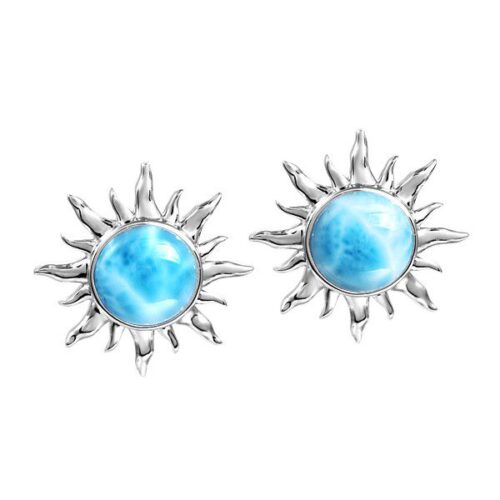 Elegant silver sun-shaped earrings with bright blue stones.