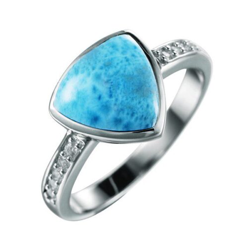 Elegant silver ring with a large triangular blue gemstone and small diamonds on the band.