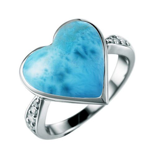 Silver ring with a heart-shaped blue gemstone.
