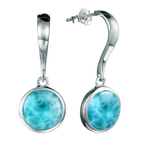 Elegant silver earrings with round blue gemstone insets.