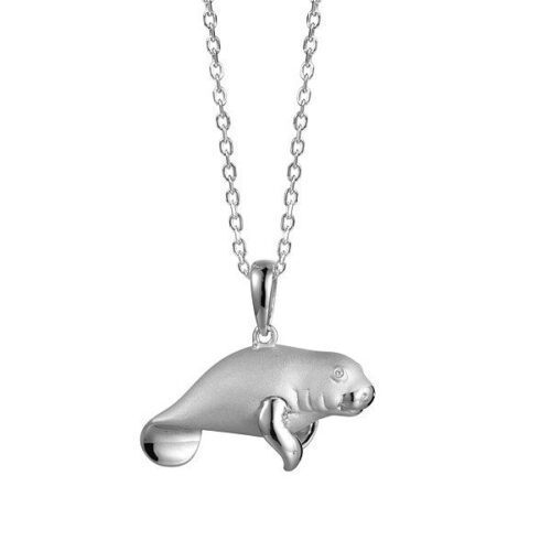 Silver manatee pendant necklace with delicate chain.