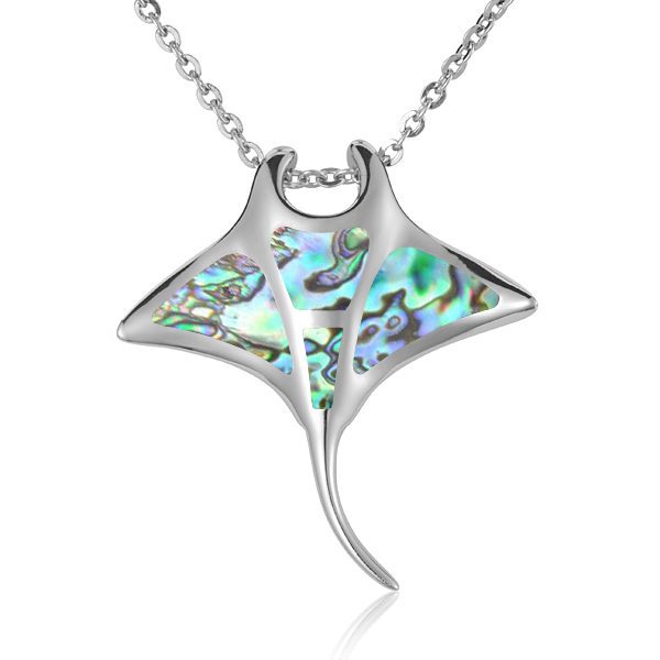 Elegant manta ray pendant necklace with iridescent inlay.