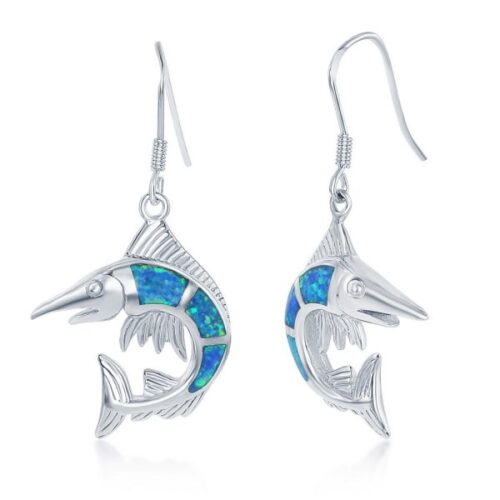 Silver dolphin earrings with blue and green inlay design.
