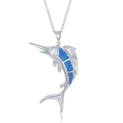 Silver marlin pendant necklace with blue inlay on a silver chain.