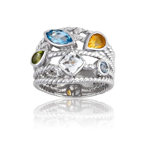 Intricately designed silver ring with various colorful gemstones.