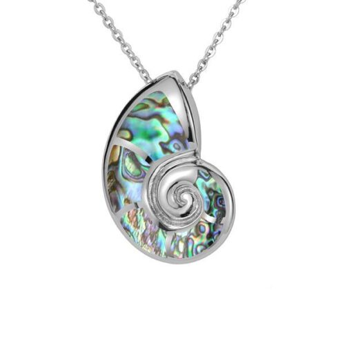 A pendant shaped like a nautilus shell with iridescent abalone inlay.