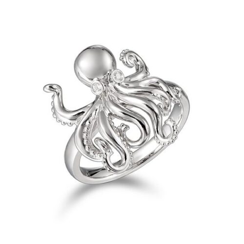 A silver ring featuring a detailed octopus design.