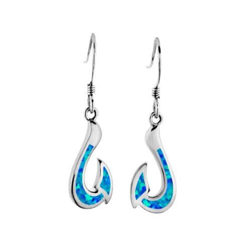 Fish hook dangle earrings & blue Opal 1.25″ Sterling Silver