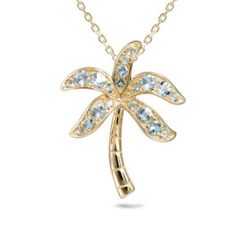 Gold palm tree pendant necklace with diamond accents.