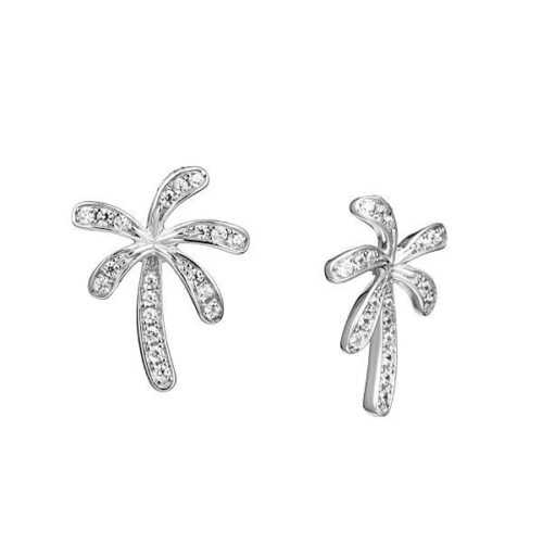 Elegant palm tree-shaped silver earrings with embedded sparkling stones.