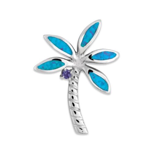 A silver palm tree pin with blue leaves and small purple gemstones.