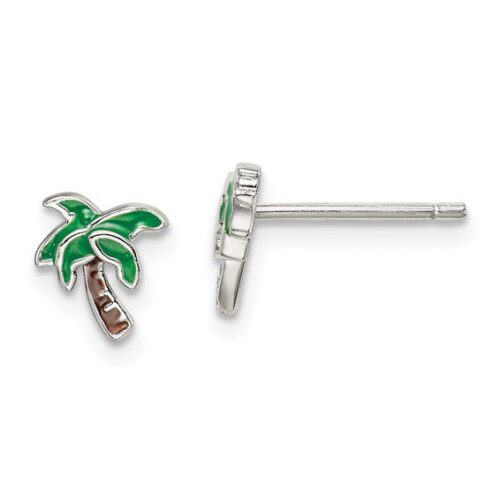 Silver palm tree stud earrings with green and brown enamel.